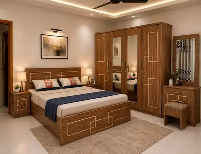 4-Piece Wooden Bedroom Set – Bed, Wardrobe, Nightstands, Dresser with Mirror