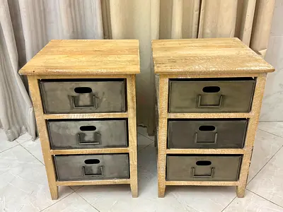 Rustic Industrial Wooden Side Tables with Metal Drawers