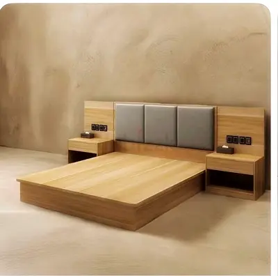 Modern low-profile wooden bed with integrated bedside tables and padded headboard