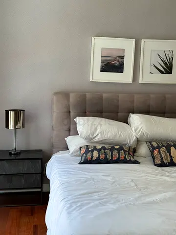 Upholstered Tufted King Headboard with Side Table - Good Condition