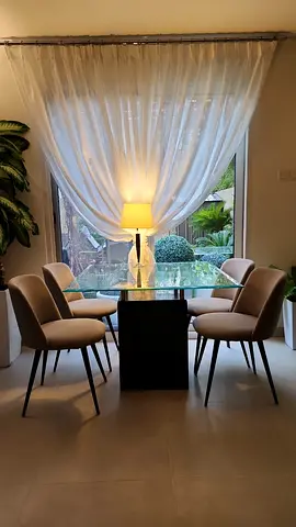 Glass Top Dining Table (The One) with 6 Upholstered Chairs (West Elm)  - Modern Set