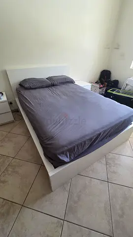 White platform double bed with mattress and set if 2 night stands - good condition