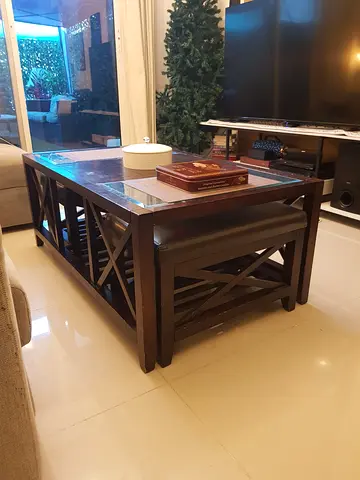 Real Solid Wood and Glass Coffee Table with Two own chairs - Dark Brown