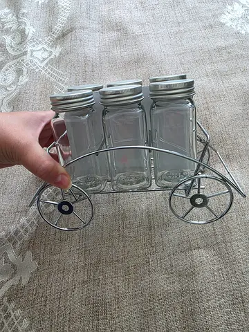 Set of 6 Glass Spice Jars with Metal Wheel Rack