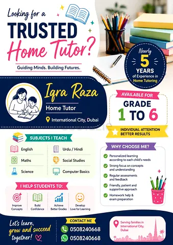 Home Tutor Flyer for Grades 1-8 — English, Maths, Science, Urdu/computer
