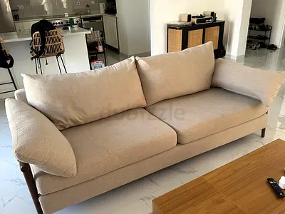 Beige 3-Seater Sofa with Wooden Frame - Good Condition
