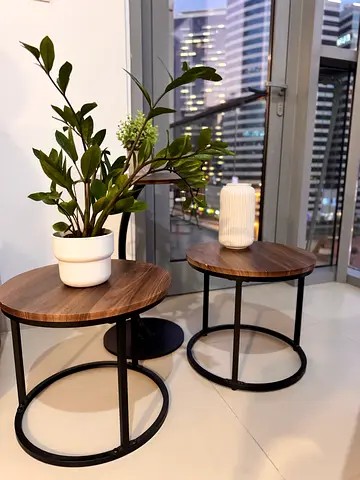 Pair of Round Wood and Metal Side Tables - Walnut Top