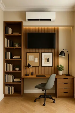 Compact wooden home office desk with shelving and drawers