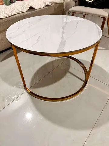 Round Ceramic-Top Center Table with Gold Frame