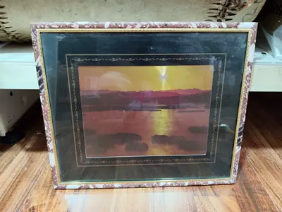 Framed Sunset Seascape Print with Decorative Matting 31*25cm