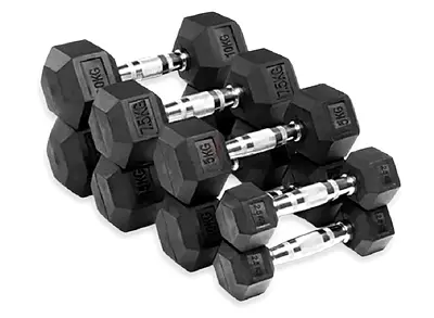 Hex Rubber Dumbbell Set (5kg - 12.5kg)  plus dumbbell rack