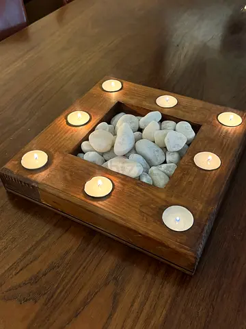 Wooden Tea Light Centerpiece with Decorative Stones