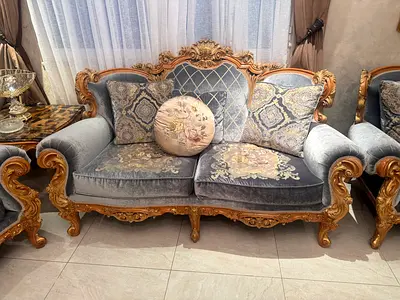 Ornate Vintage-Style Carved Wooden Sofa - 3-Seater, Velvet Upholstery comes with other 7 sofas
