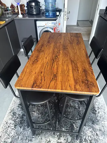 Wood-look Dining Table with 4 Black Chairs - Compact Modern Set