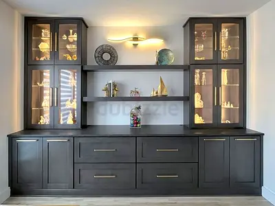Dark Wood Built-in Display Cabinet with Drawers and Glass Doors