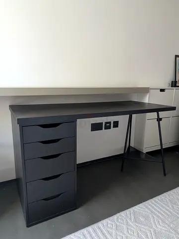 Black Wooden Desk with 5 Drawers — Good Condition