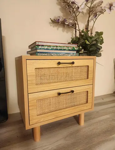 Small Wooden Bedside Table with Woven Drawer Fronts