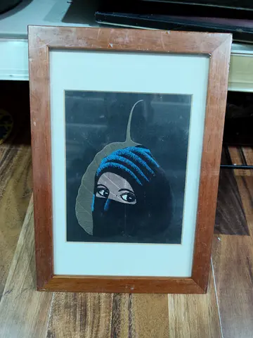Framed Textile Art of Veiled Woman with Leaf Motif 29*20cm