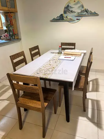 Solid Wood 6-Seater Dining Table with Chairs - Good Condition