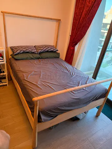 Light wood double bed frame and mattress- queen size - good condition