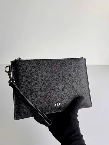 Dior Black Leather Wristlet Clutch - Slim Pouch with Strap