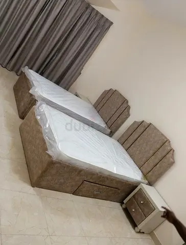 Pair of Single Beds with Headboards and Storage, with mattress and side table