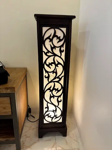 2x Tall Decorative Wooden Floor Lamps with Carved Filigree Panels