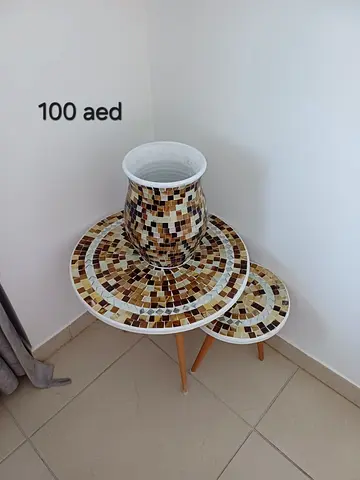 Three-piece mosaic side tables with matching decorative vase - set