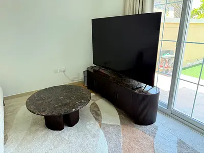 TV Unit and Round Marble Coffee Table - Dark Wood Finish
