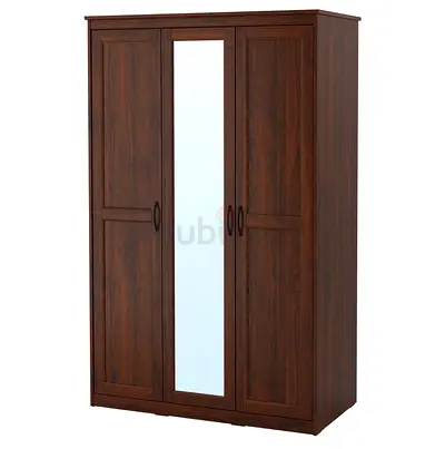 Dark Wood 3-Door Wardrobe with Central Mirror