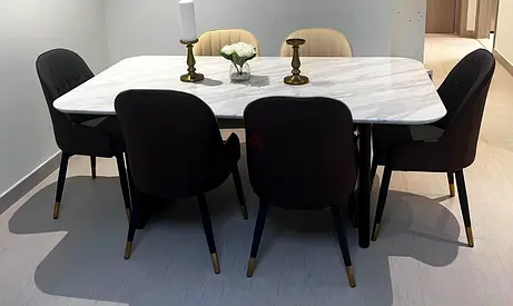 6-Seater Marble-Top Dining Table with Upholstered leather Chairs