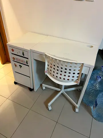 White compact study desk with drawers and wheeled filing cabinet