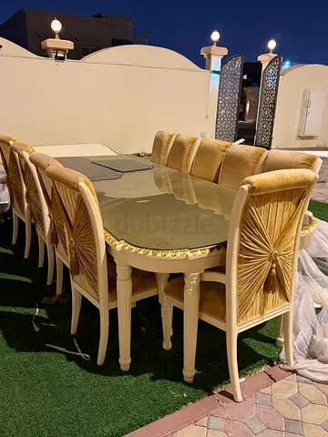 Cream and Gold 10 Seat Dining Table with Upholstered Chairs