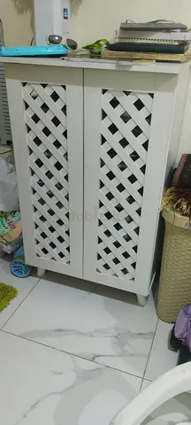 White Wooden Storage Cabinet with Lattice Doors - Compact Shoe/Utility Cabinet