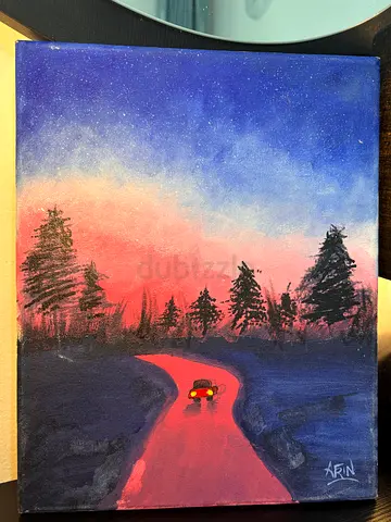 Original Small Landscape Painting - Sunset Forest Scene on Canvas