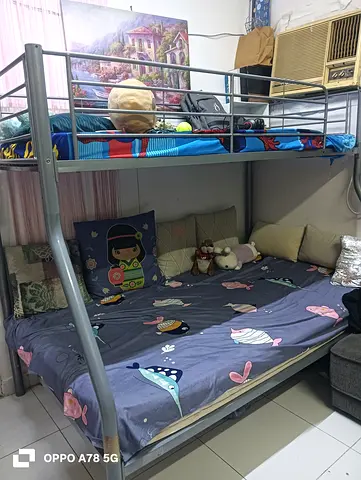 Metal bunk bed with double lower bed used. With only lower bed mattress. Stairs also with this bed
