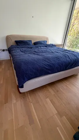 Modern fabric super king size bed frame with wooden legs and orthopedic mattress