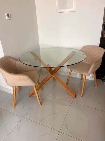 Round Glass Dining Table with 2 Upholstered Beige Chairs (Set)