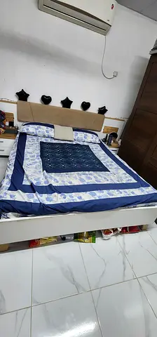 Queen Bed Frame with Headboard and Mattress and 6 corner tables -Good Condition