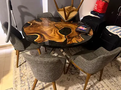 Round Epoxy Resin  Live Edge Wood Dining Table with 6 Chairs
