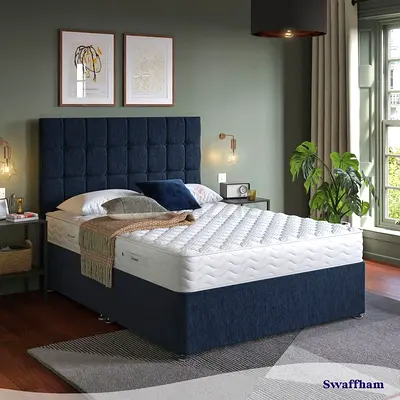 Double Divan Bed with Headboard – Navy Fabric, Good Condition