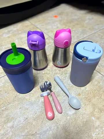 Set of baby sippy cups and baby utensils - stainless steel and silicone