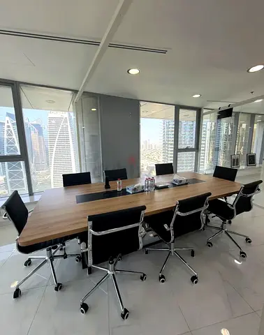Large Wooden Conference Table with 8 Executive Chairs
