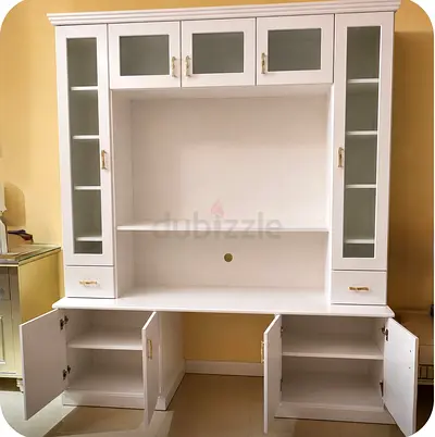 White Wooden Entertainment/TV Unit with Storage Cabinets and Glass Doors