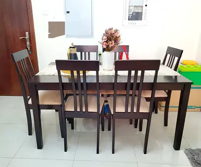 Solid Wood 6-Seater Dining Table with Chairs - Dark Brown