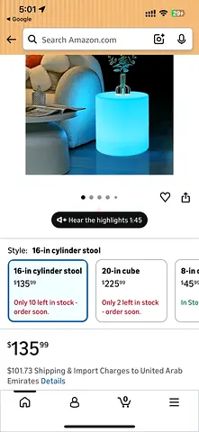LED Light-Up Cylinder Stool / Side Table - (16-inch)