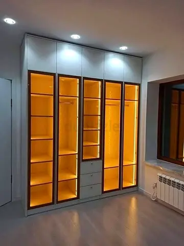 Built-in Illuminated Wardrobe - 4 Glass Doors, Drawers  Top Storage