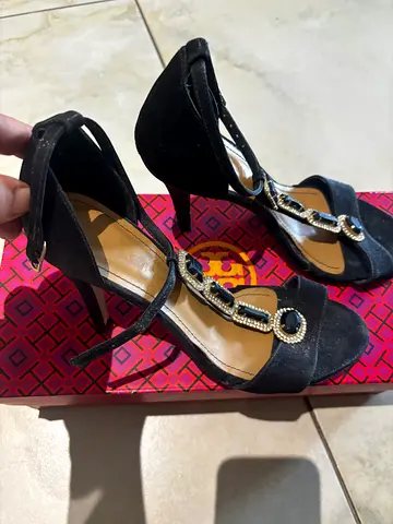 Black suede womens heeled sandals with rhinestone chain detail - size unknown