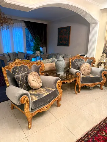 Ornate Carved Wood Velvet Living Room Sofa Set 2 chairs comes with other 7 sofa set Italian made