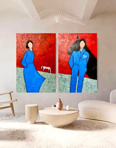Pair of Contemporary Figurative Paintings in Red and Blue (Diptych)
